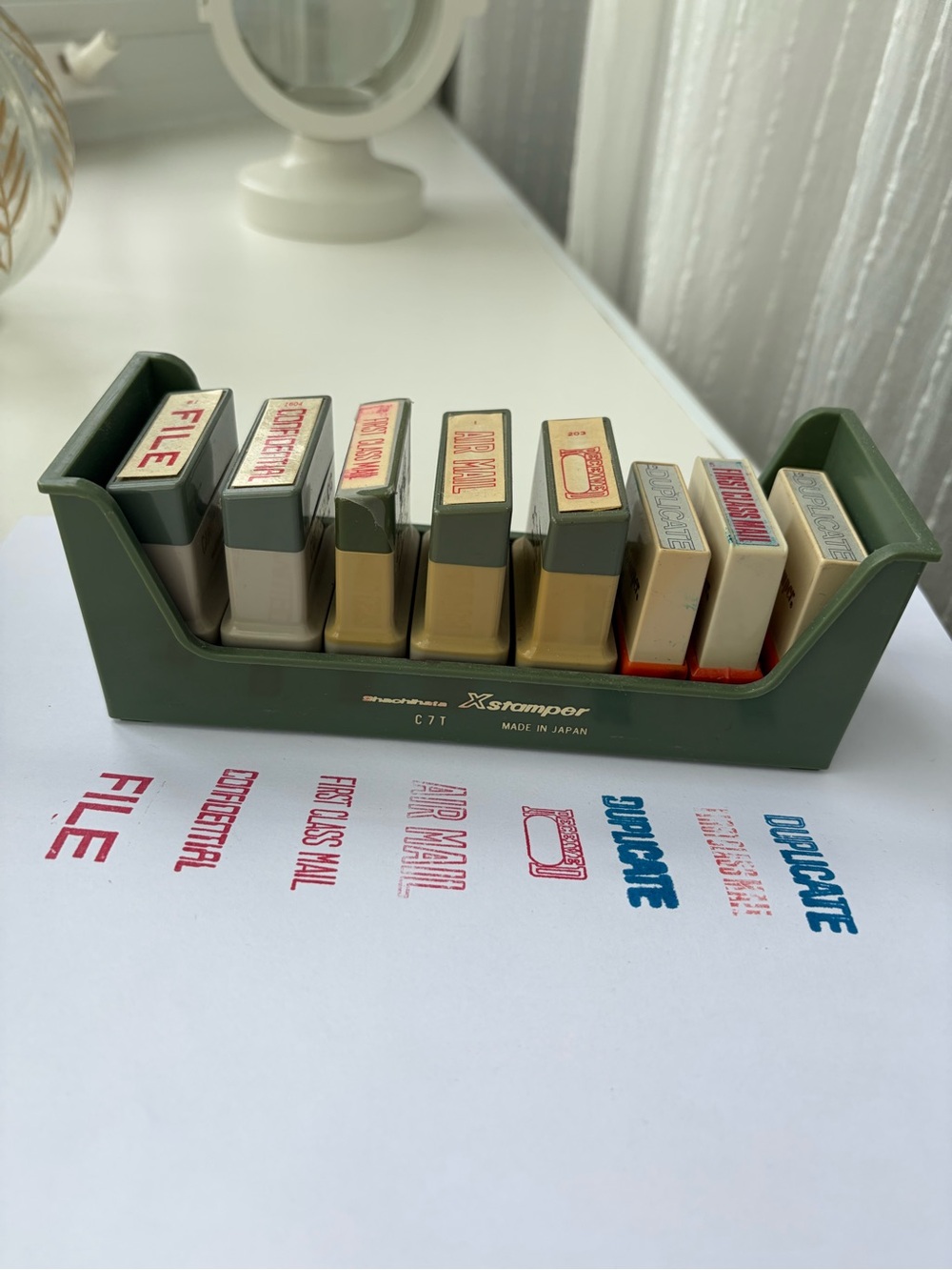 VTG Shachihata Xstamper Set C7T Office Stamps Holder Japan Red Blue 8 Lot Canex - Picture 2 of 7